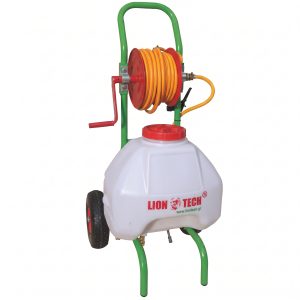 lion tech mobile trolley sprayer with hose reel red cap