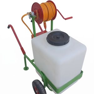 mobile agricultural sprayer trolley with hose reel green and red