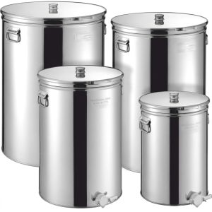 set of four stainless steel cylindrical storage tanks with spigots